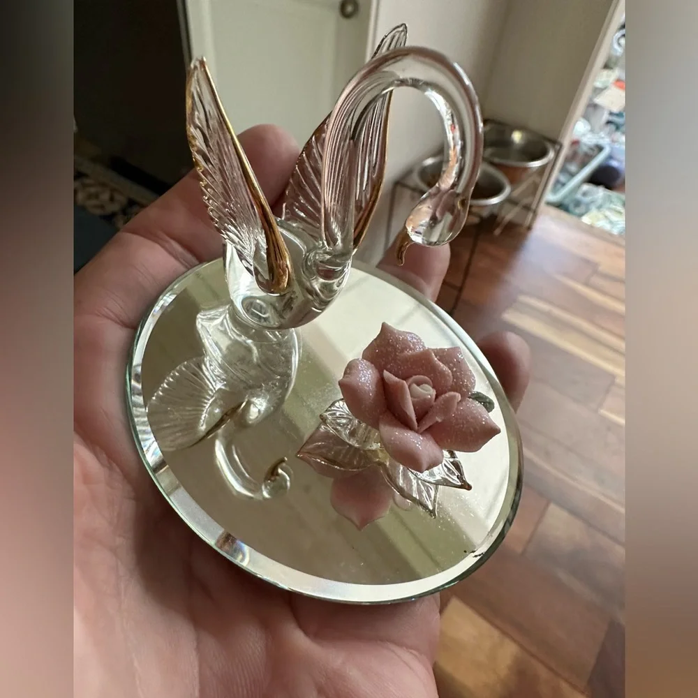 Crystal swan and pink porcelain rose tchotchke trinket
